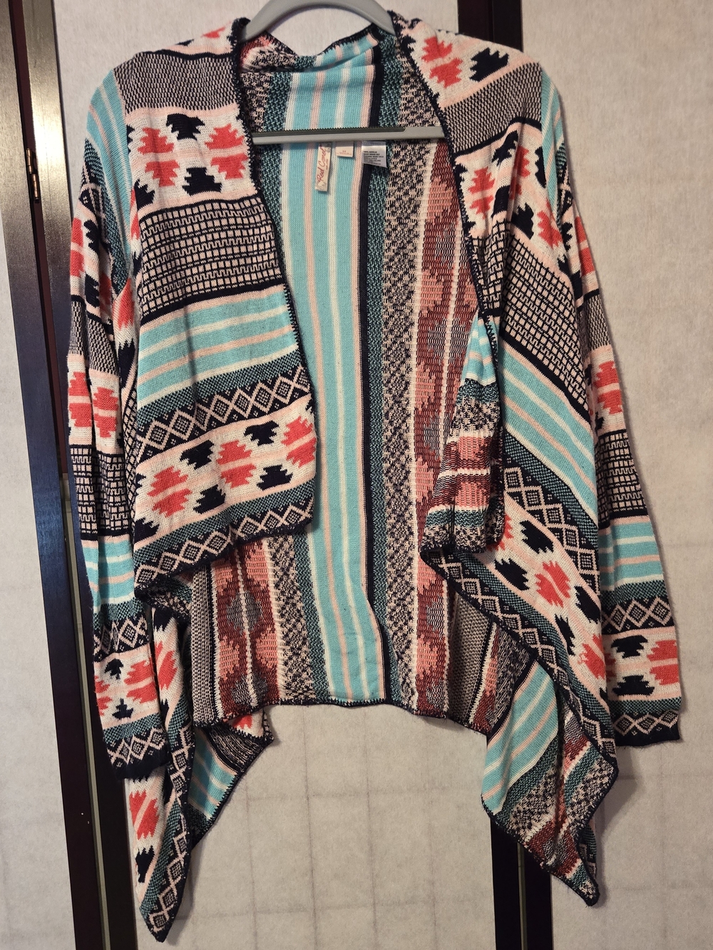 Red Camel Turquoise Coral Black Cream Patterned Open-Front Cardigan Size M